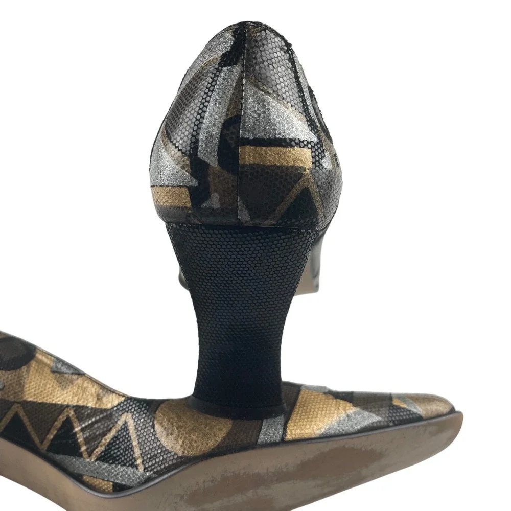 J Renee Womens Geometric Print Heels Size 10M Black Gold Silver Block Heel Pumps